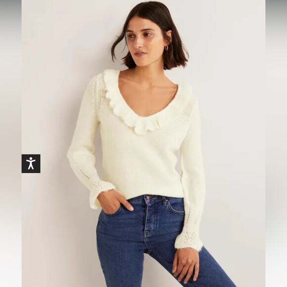 Boden Fluffy Frill V-neck Sweater Ivory Alpaca Size 12 - Picture 1 of 15